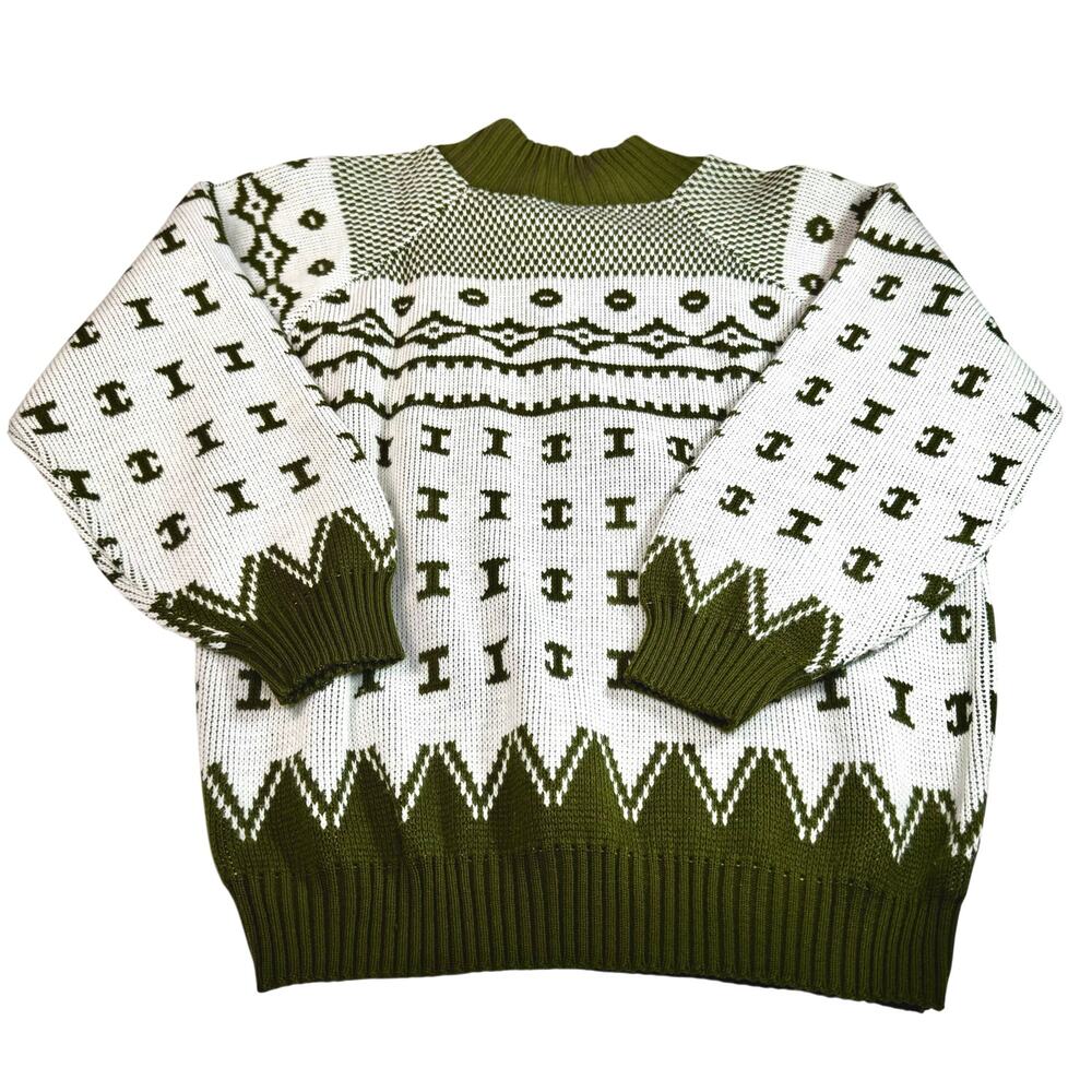 Vintage 80s Clifton Place Olive Green Graphic Knit Sweater Made USA mens Large